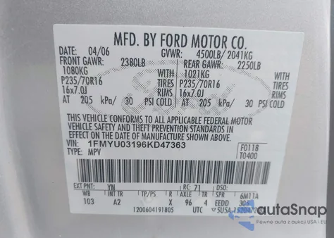2006 Ford Escape Xlt/Xlt Sport from USA, damaged, VIN 1FMYU03196KD47363